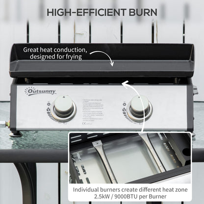 Outsunny Gas Plancha Barbecue Grill with 2 Stainless Steel Burner, 5kW, Portable Tabletop Gas BBQ with Non-Stick Griddle for Camping Picnic Garden Party Festival