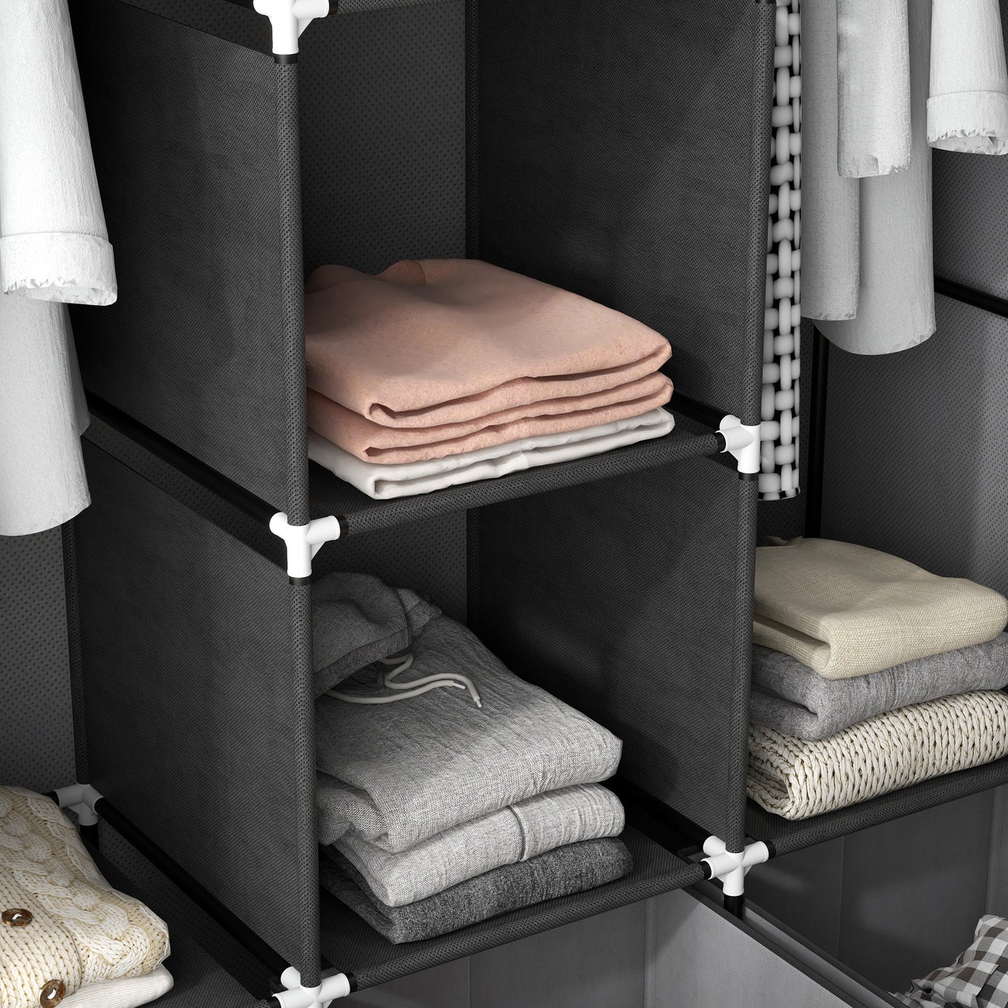 Foldable Fabric Wardrobe for Bedroom, Portable Wardrobe with 5 Shelves, 2 Hanging Rails and 3 Fabric Drawers, Dark Grey