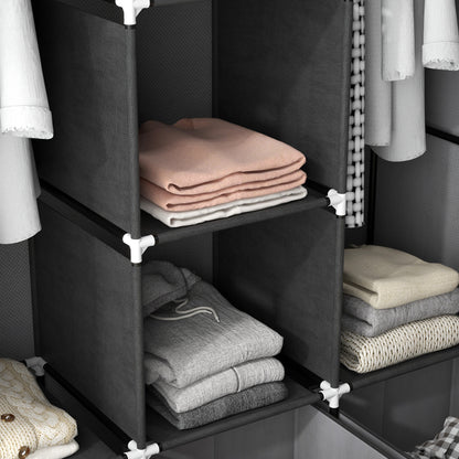 Foldable Fabric Wardrobe for Bedroom, Portable Wardrobe with 5 Shelves, 2 Hanging Rails and 3 Fabric Drawers, Dark Grey