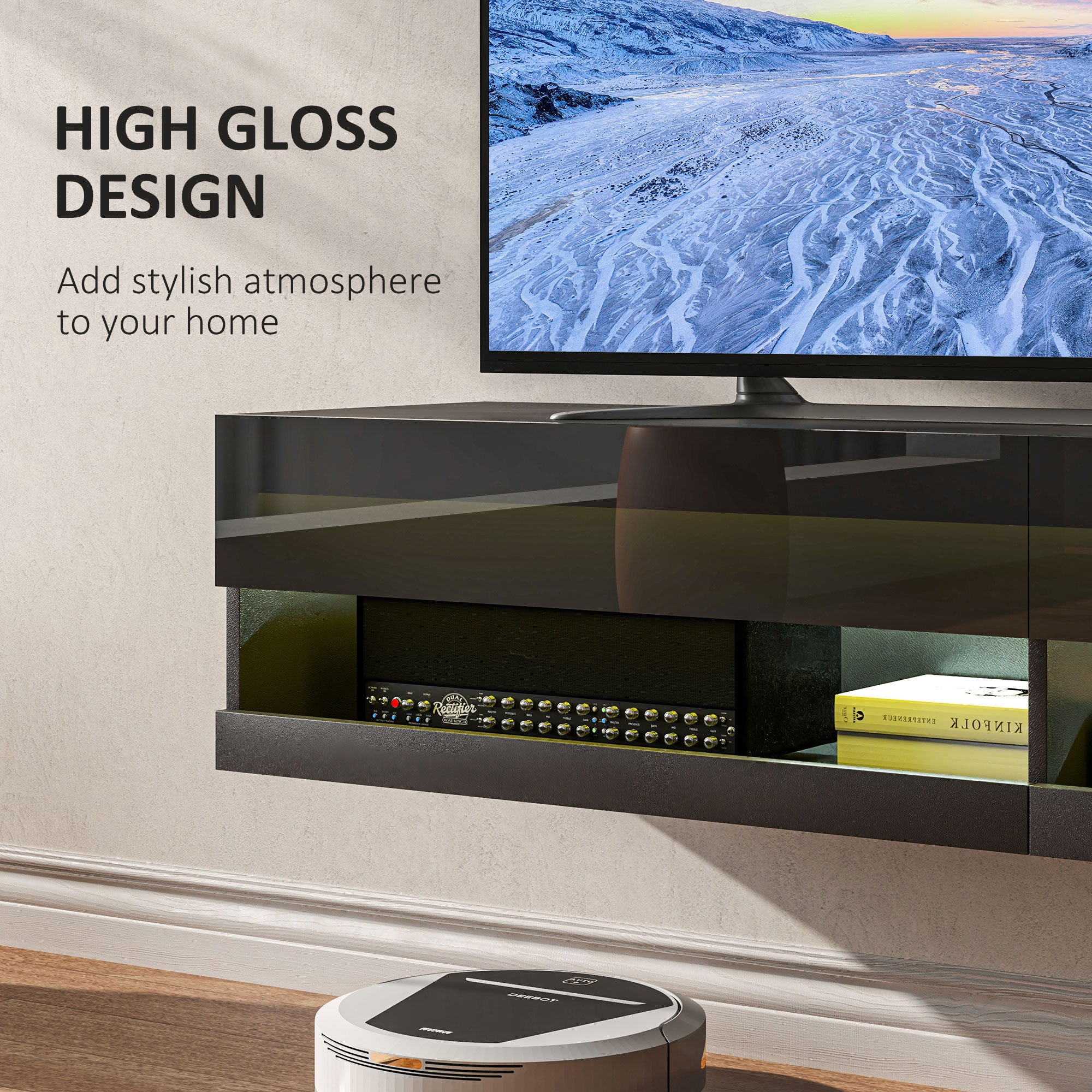 Floating TV Unit, Wall Mounted TV Cabinet for TVs up to 65", High Gloss Media Wall Unit with LED Lights, Storage Shelves, APP Control for Living Entertainment Room, Black