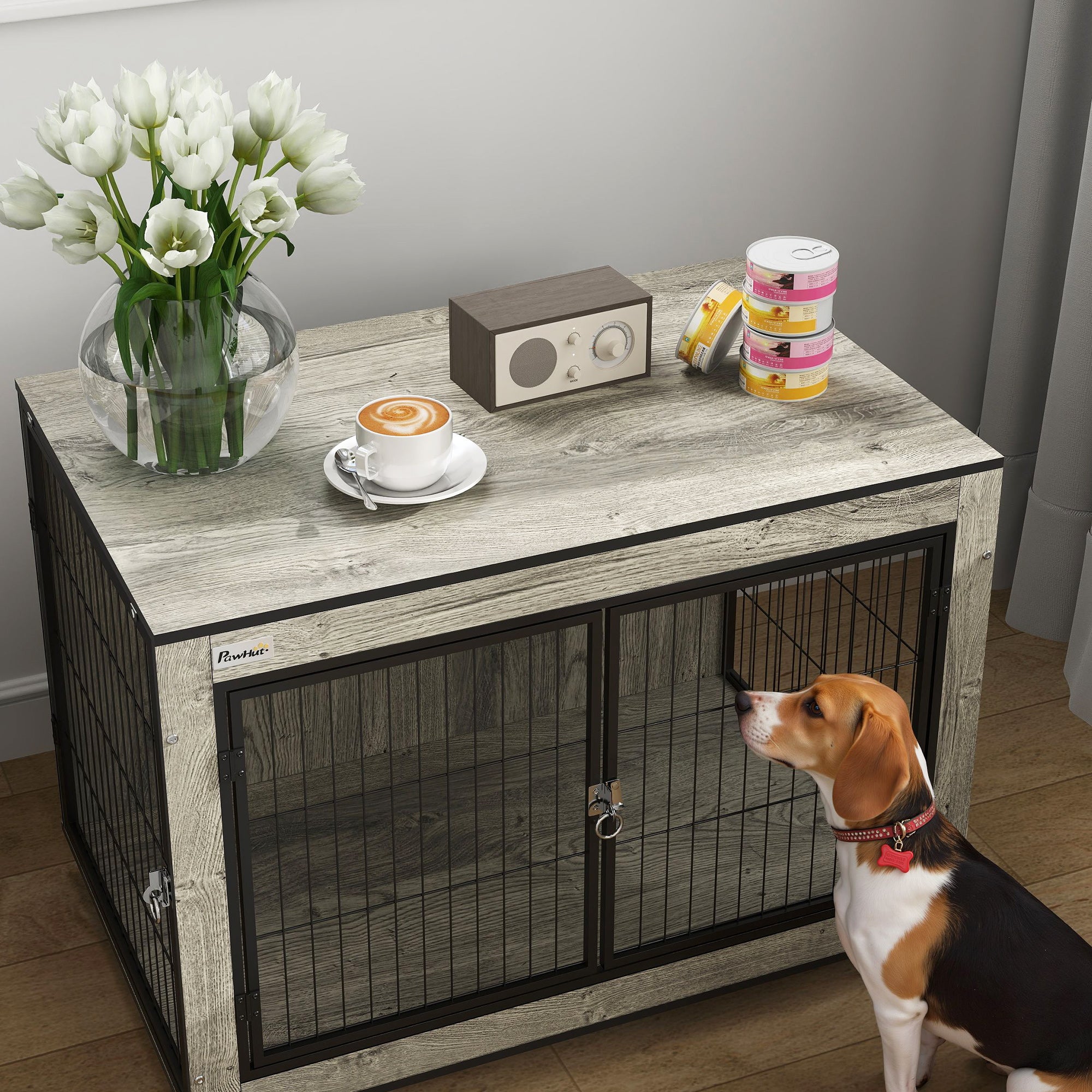PawHut Dog Crate Furniture with Wheels, Double Doors, for Medium Dogs, Grey