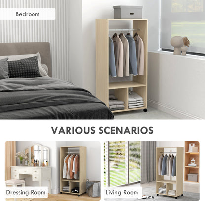 Open Wardrobe on Wheels, Bedroom Wardrobe with Clothes Hanging Rail, 2 Storage Shelves, Mobile Garment Rack for Cloakroom, Hallway, Natural