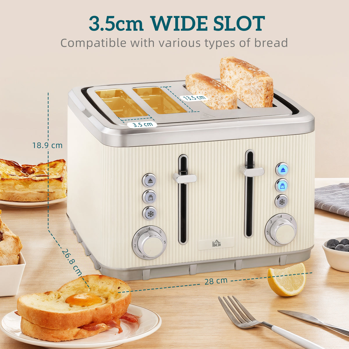 Electric Stainless Steel Kettle and Toaster Set, 3000W 1.7L UK Strix Thermostat Fast Boil Kettle w/ Limescale Filter, Cool Touch Body, 4 Slice Toaster with 7 Browning Levels, Cream White