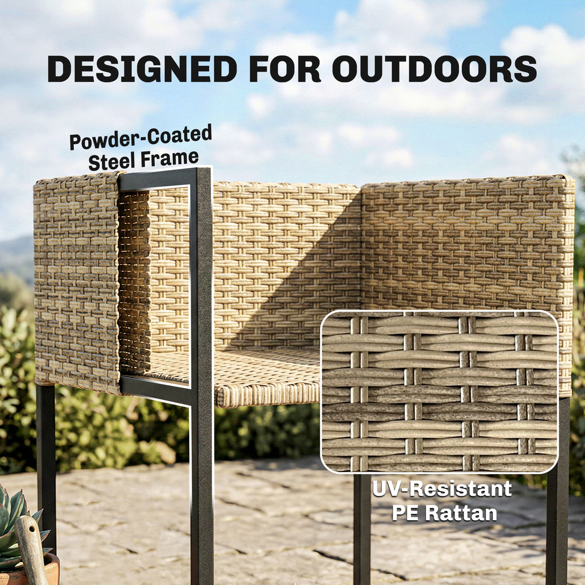 Outsunny 7 Piece Rattan Garden Furniture Set, Garden Dining Set with Wood-Plastic Table and 6 Stackable Chairs, Light Brown
