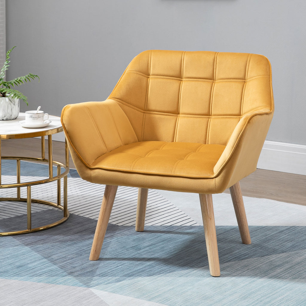 HOMCOM Accent Chair, Velvet Upholstered Vanity Tub Chair with Flared Armrests, Slanted Back, Solid Wood Legs, Comfy Padding Armchair, Home Bedroom Furniture Seating, Set of 2, Yellow