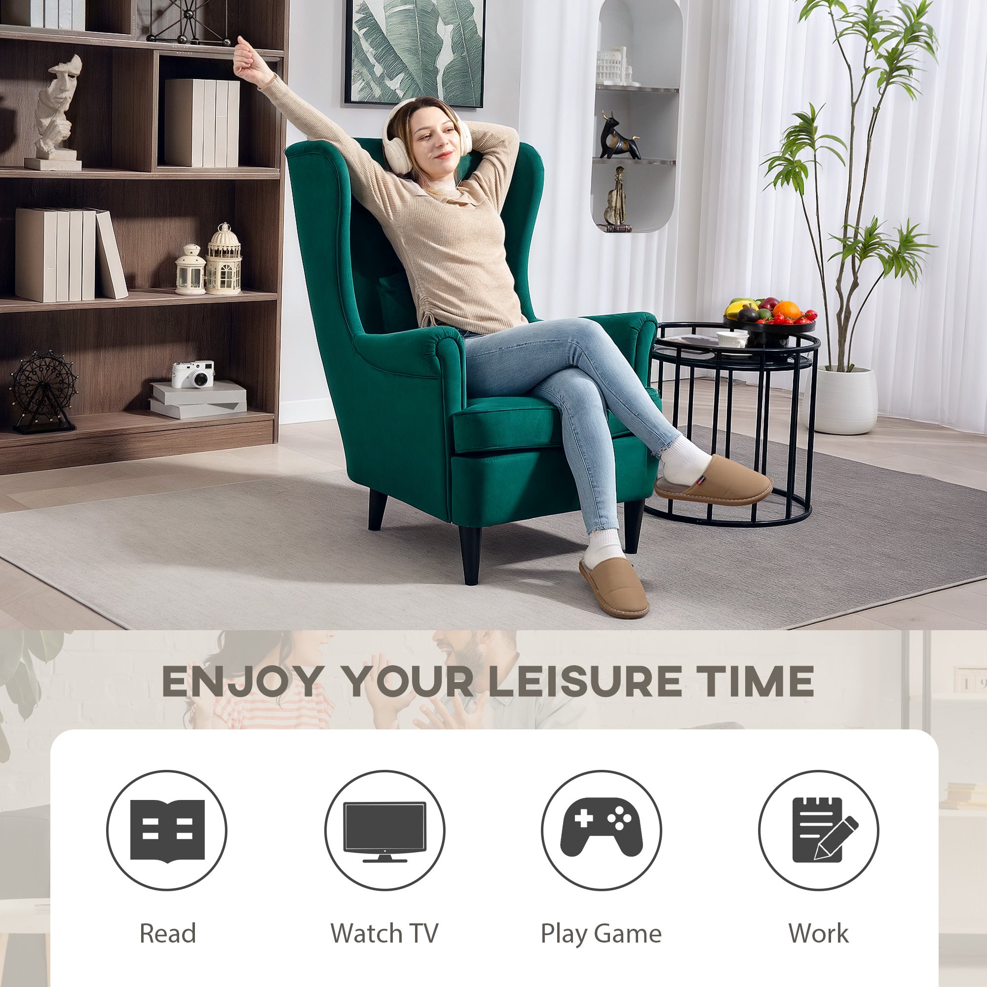 HOMCOM Modern Accent Chair with High Backrest and Pillow, Velvet-Feel Fabric Reading Chair with Solid Wood Legs, Green