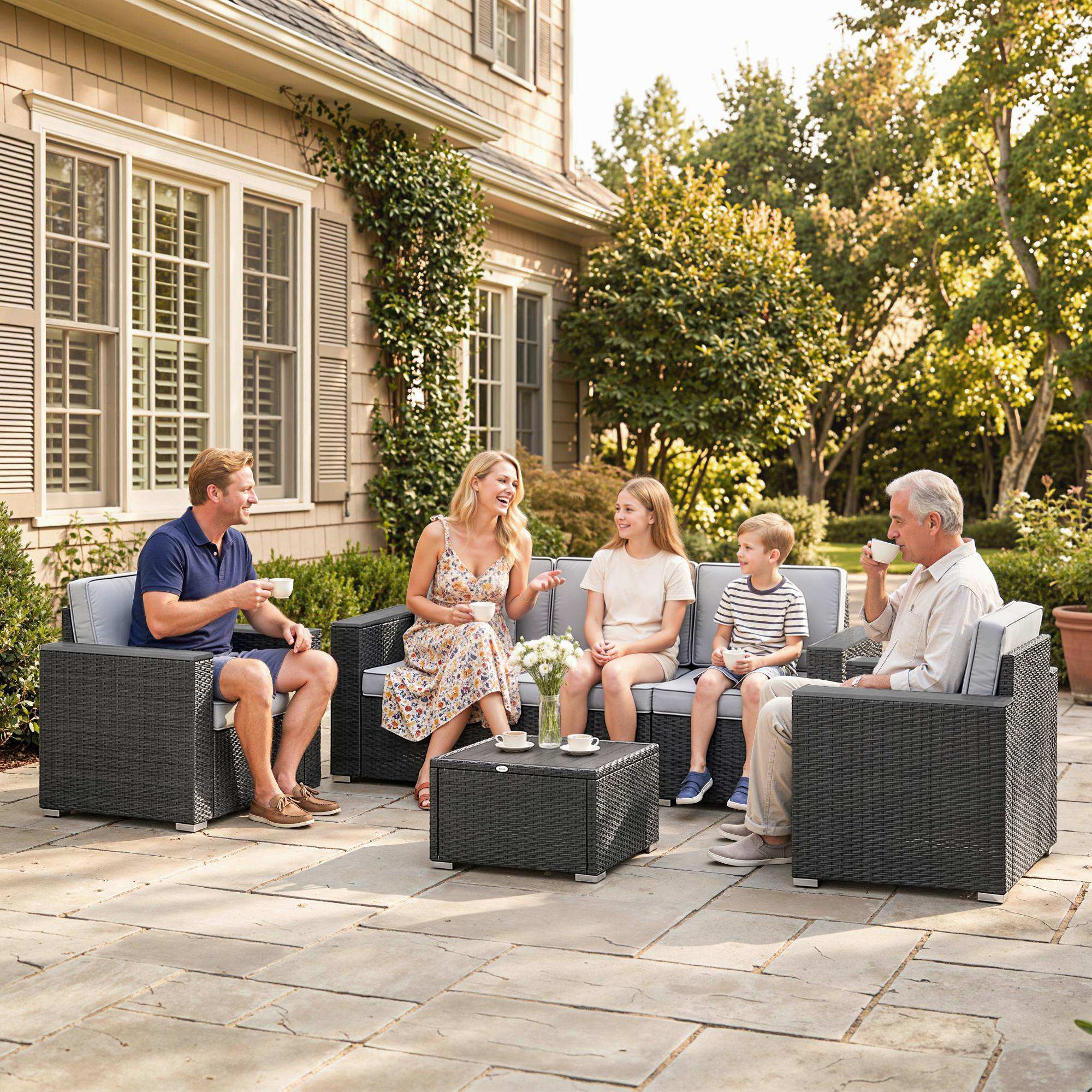 Outsunny 5 Seater Rattan Garden Furniture Set with Wide Armrests, Cushions, Pillows for Patio, Dark Grey
