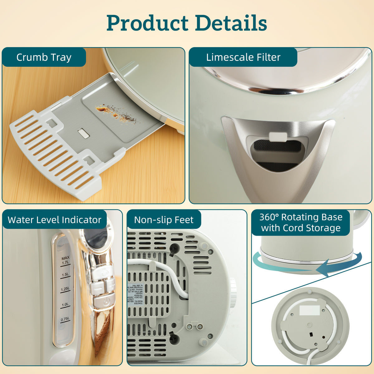 Polished Retro 40-100°C Kettle and Toaster Set - Grey