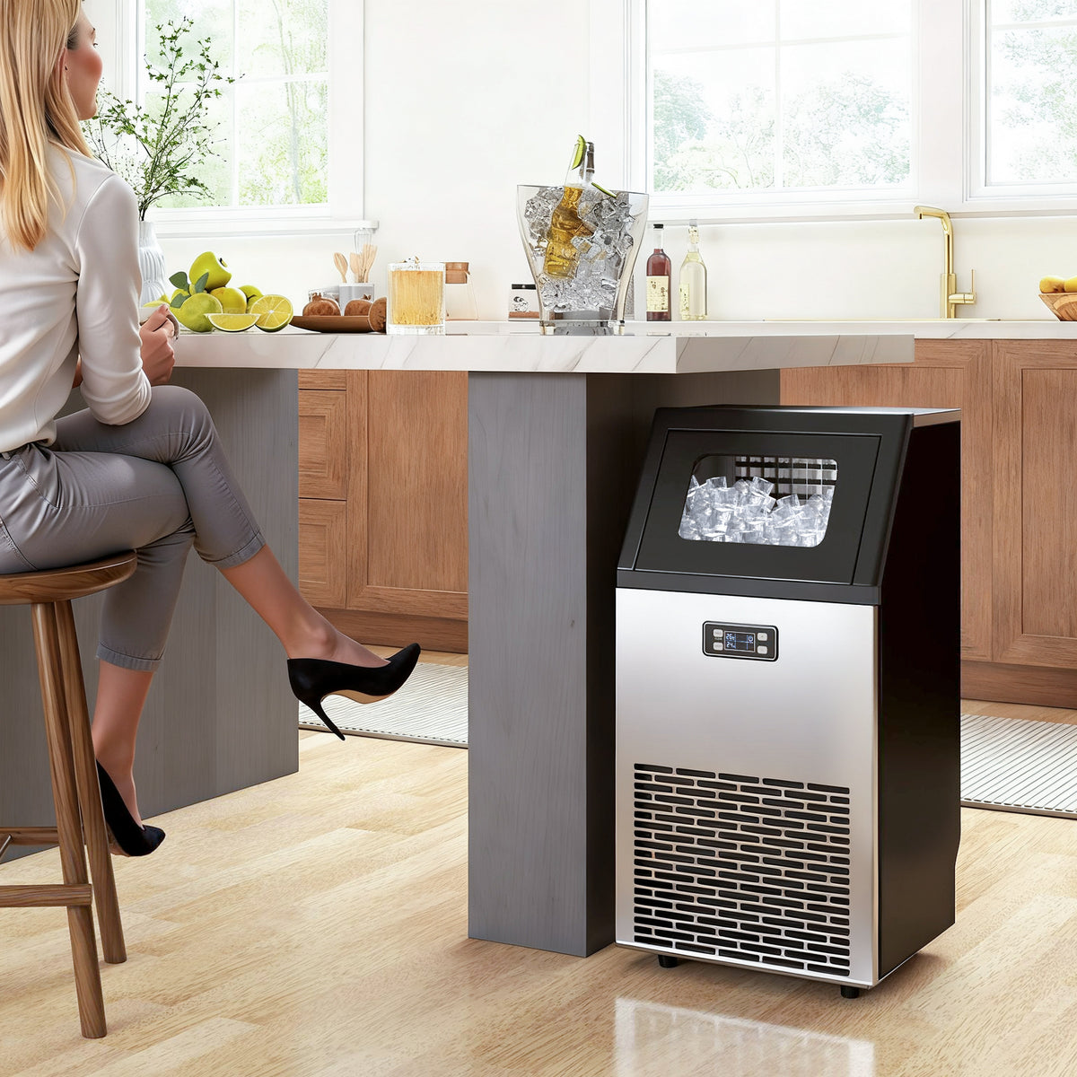 Commercial Ice Maker Machine, Freestanding Stainless Steel Ice Machine with Self-Cleaning, LCD Display, 45kg/24 Hours and 11kg Ice Storage for Home, Office, Bar, Restaurant, Supermarkets