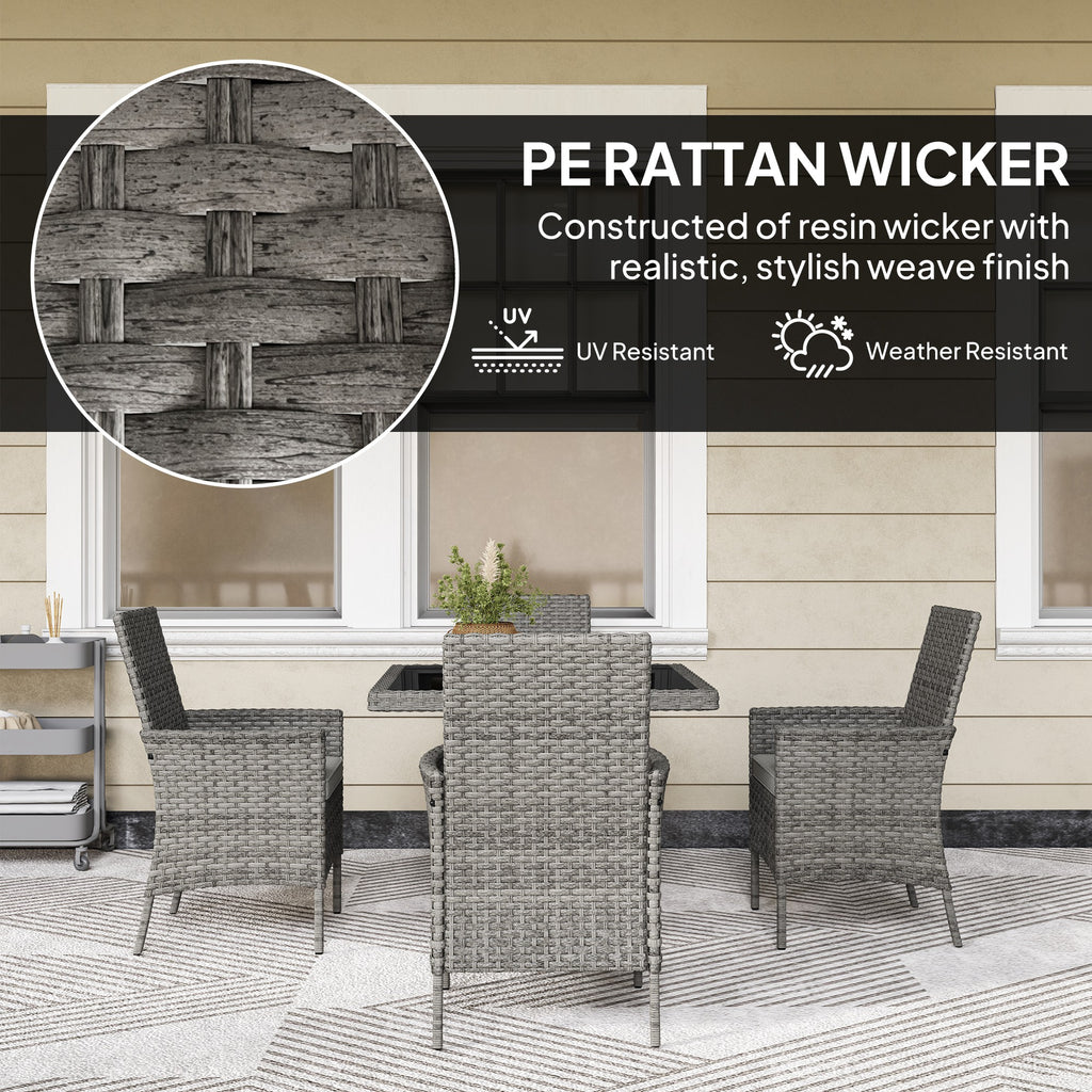 Outsunny Rattan Garden Furniture Set, Outdoor Dining Table and Chairs 4 Seater with Cushions, Square Tempered Glass Top, 4 Armchairs, for Balcony, Terrace, Conservatory, Grey