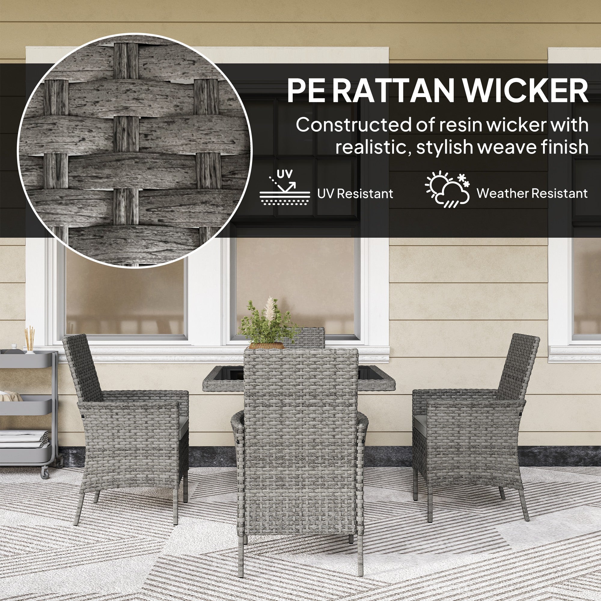 Outsunny Rattan Garden Furniture Set, Outdoor Dining Table and Chairs 4 Seater with Cushions, Square Tempered Glass Top, 4 Armchairs, for Balcony, Terrace, Conservatory, Grey