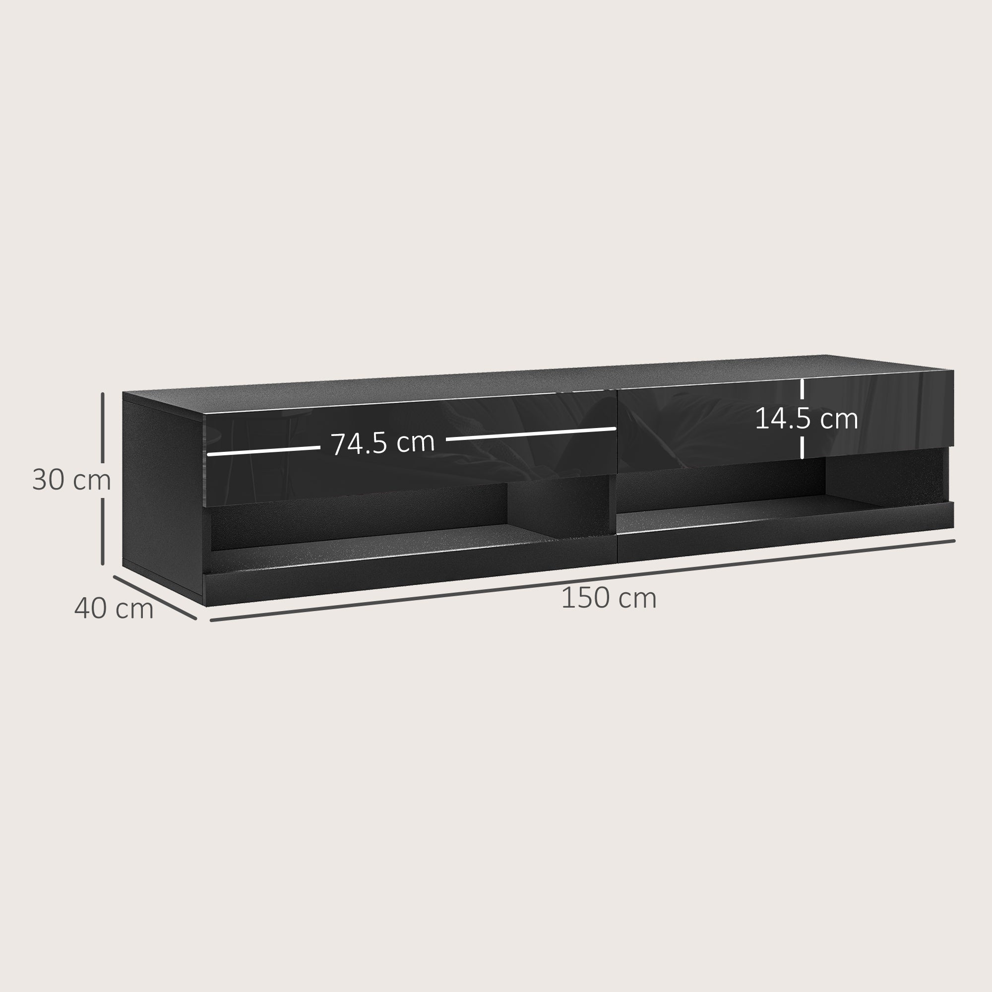 Floating TV Unit, Wall Mounted TV Cabinet for TVs up to 65", High Gloss Media Wall Unit with LED Lights, Storage Shelves, APP Control for Living Entertainment Room, Black