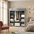 Clothes Storage Organiser with Hanging Rail, Shelves, Portable Wardrobe, Foldable Fabric Wardrobe, Light Grey