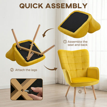 Modern Accent Chair, Upholstered High Back Armchair with Tufted Wingback, Seat Padding, Velvet Leisure Lounge Bedroom Chair with Wood Legs, Yellow
