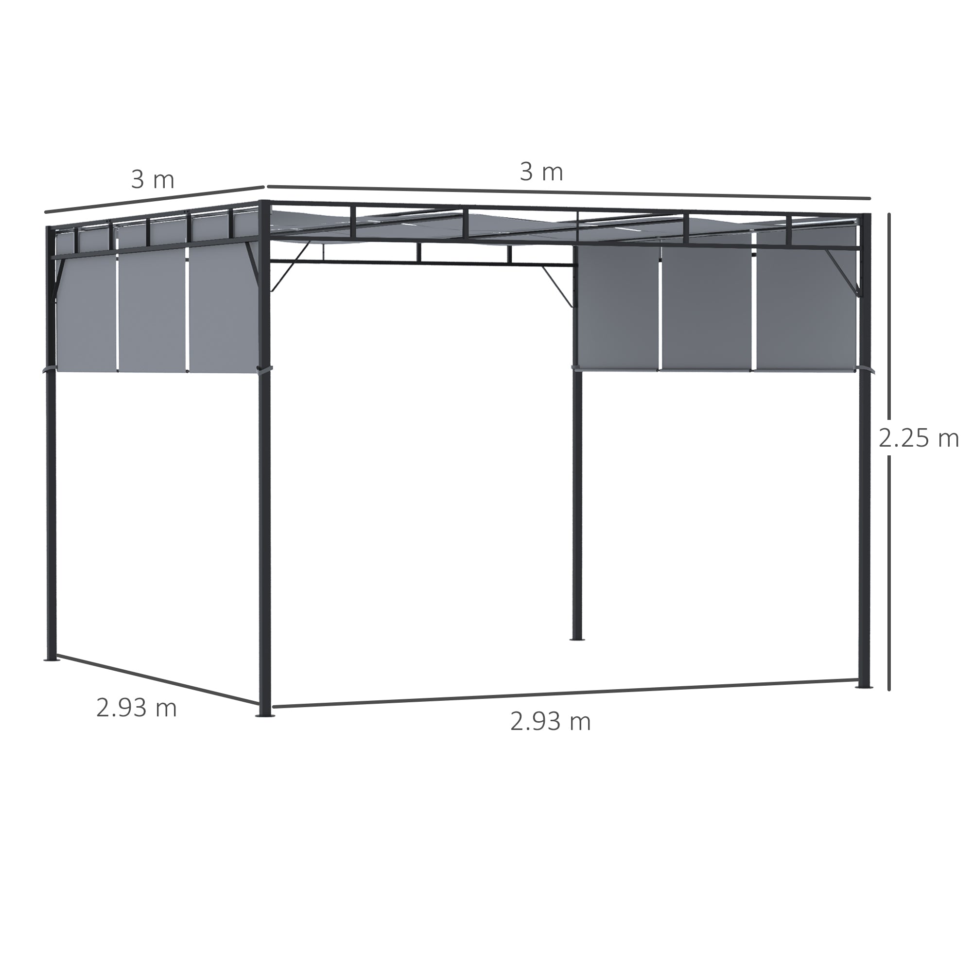 Outsunny 3 x 3(m) Steel Pergola Gazebo with Sliding Roof, Garden Gazebo Canopy Sun Shade Shelter for Outdoor, Deck, Patio, Dark Grey