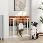 PawHut Dog Gate with Cat Flap Pet Safety Gate Barrier, Stair Pressure Fit, Auto Close, Double Locking, for Doorways, Hallways, 75-103 cm White