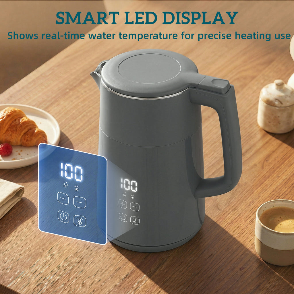 Electric Kettle, 1.7L Fast Boil 3kW Water Kettle with UK Strix Thermostat, LED Display, Keep Warm Function, Grey