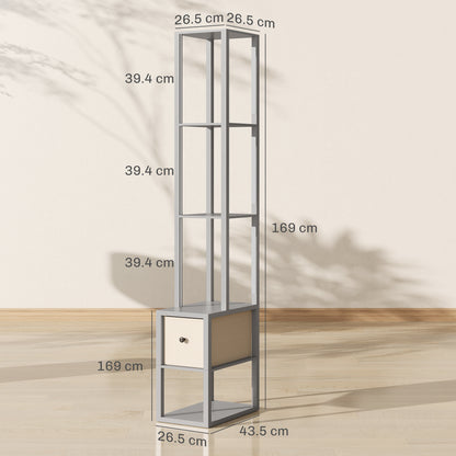 Floor Lamp with Shelves, LED Column Modern Standing Lamp with Fabric Drawer, Adjustable Brightness, Foot Switch for Living Room, Bedroom, Office, Grey