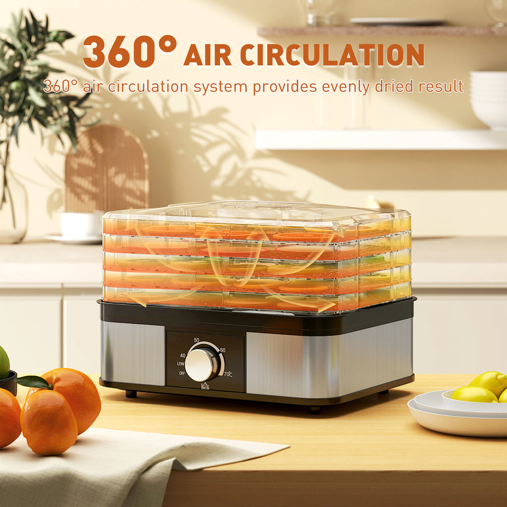 5 Tier Food Dehydrator, 245W Stainless Steel Food Dryer Machine with Adjustable Temperature for Drying Fruit, Meat, Vegetable, Jerky and Pet Treat, Black