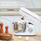 Stand Mixer, 5L Food Mixer for Baking, 6 Speeds and Pulse Setting, 1400W Cake Electric Kitchen Mixer with Dough Hook, Whisk, Stainless Steel Bowl, Splash Guard, Beater, White