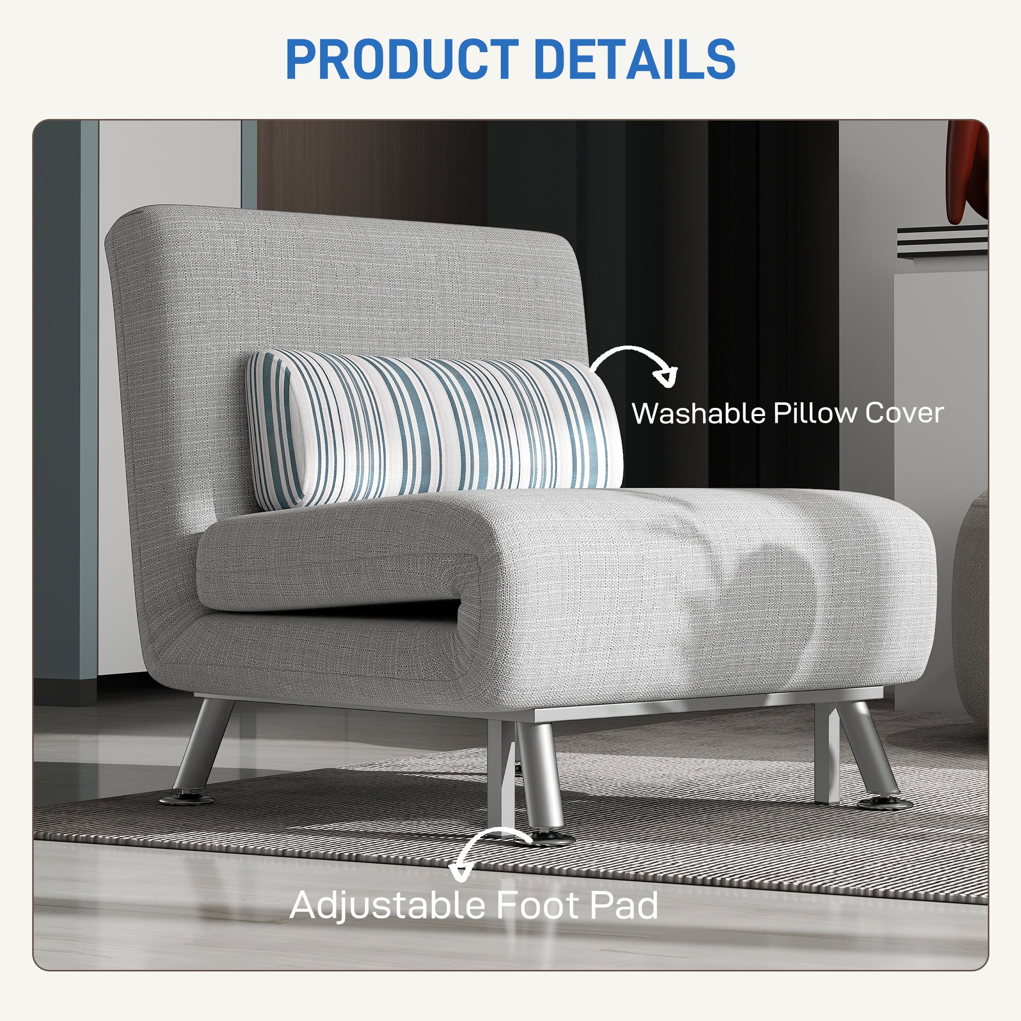 HOMCOM Single Sofa Bed, 1 Person Sleeper Foldable Lounge with Pillow, Light Grey