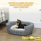 PawHut Wicker Pet Bed Willow Dog Cat Sofa Puppy Basket with Cushion Grey 57L x 46W x 17.5H cm