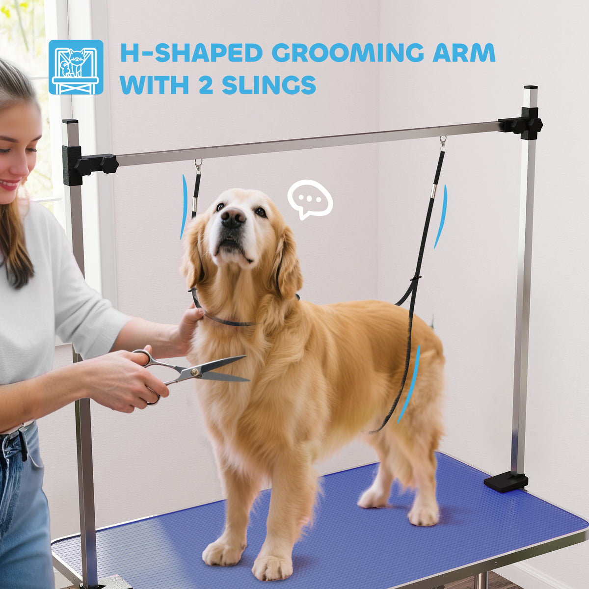 PawHut 42" Dog Grooming Table, Adjustable Pet Cat Drying Beauty Table with 2 Loops Storage Basket, Rubber Top, Blue