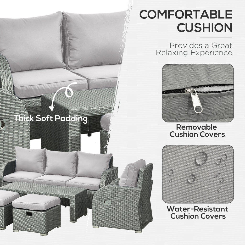 Outsunny Six-piece Outdoor Rattan Dining Set, Outdoor Sofa Set with Reclining Armchairs and Mental Frame, Grey