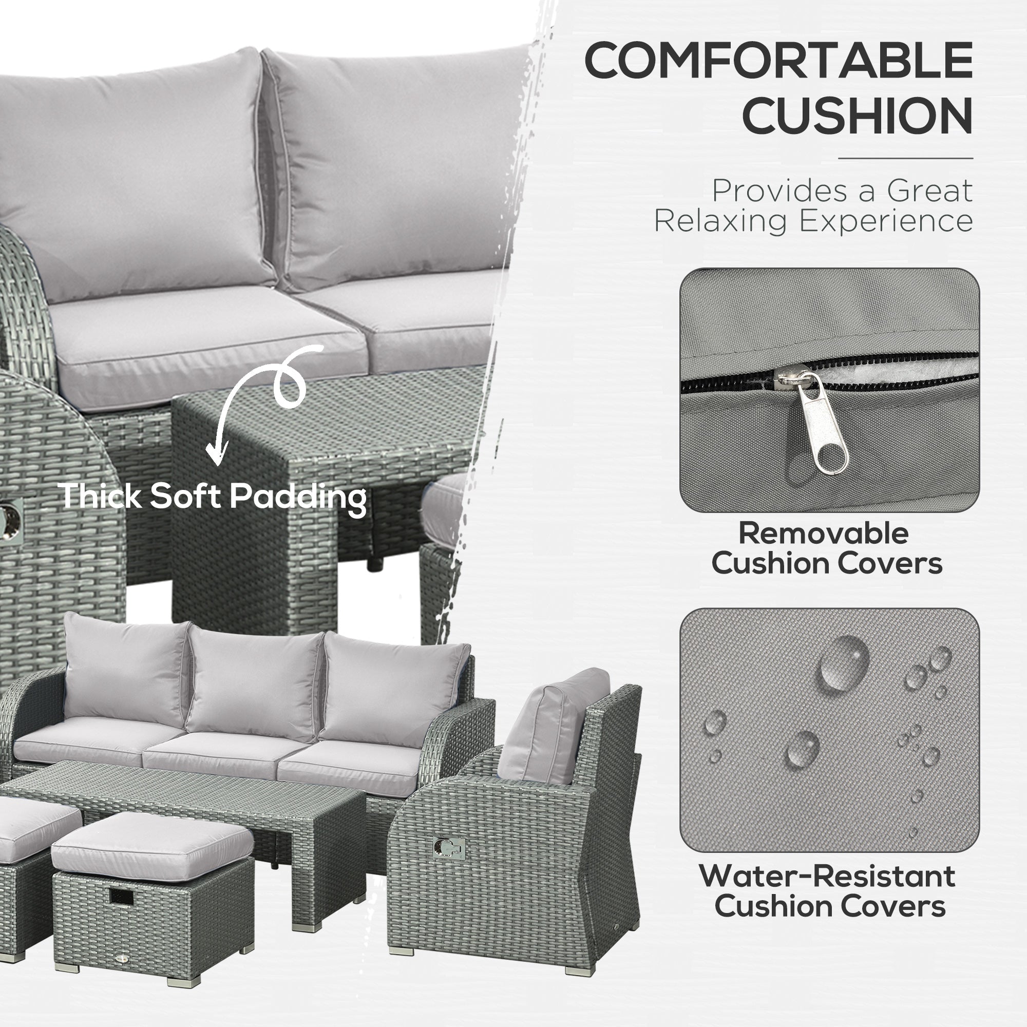 Outsunny Six-piece Outdoor Rattan Dining Set, Outdoor Sofa Set with Reclining Armchairs and Mental Frame, Grey