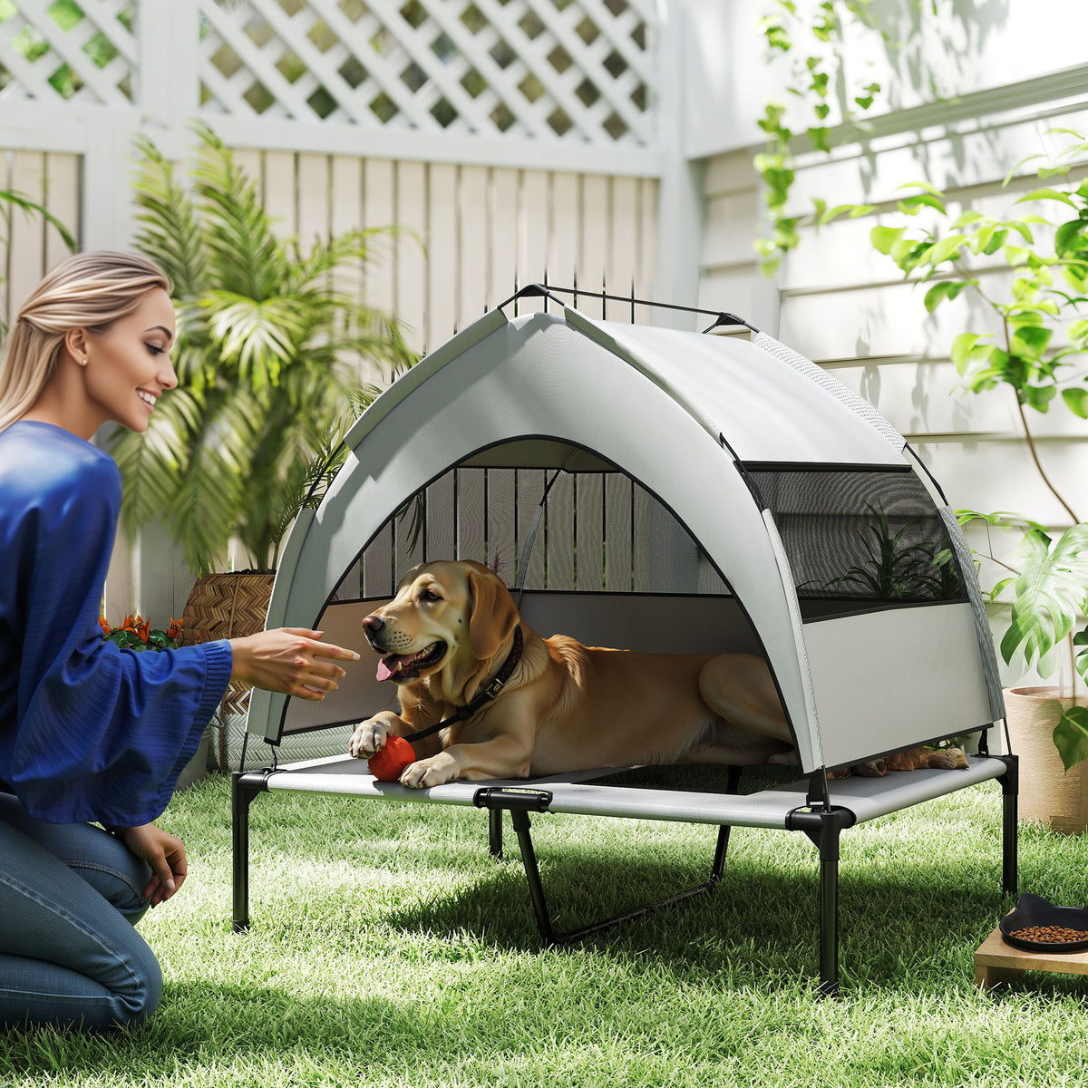 PawHut Portable Elevated Dog Bed with Removable Canopy, Cooling Raised Pet Cot for Medium Large Dogs, 92 x 75 x 85 cm