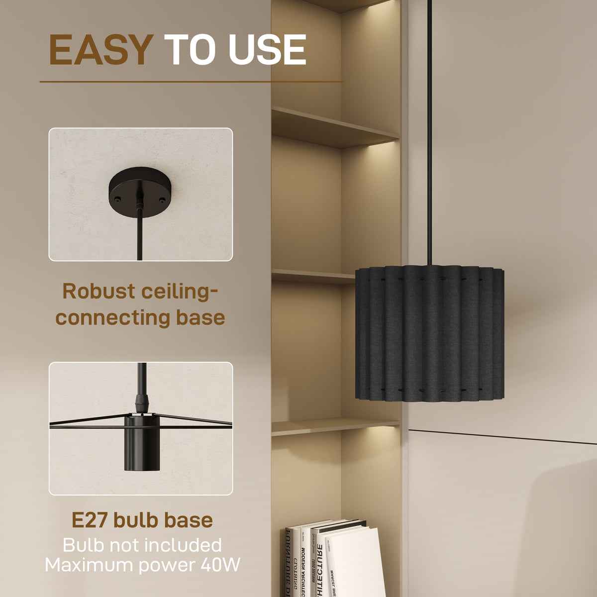 Linen Pendant Light, Bedside Ceiling Lamps with E27 Bulb, Modern Hanging Lights for Living Room, Bedroom, Kitchen, Hallway, Black