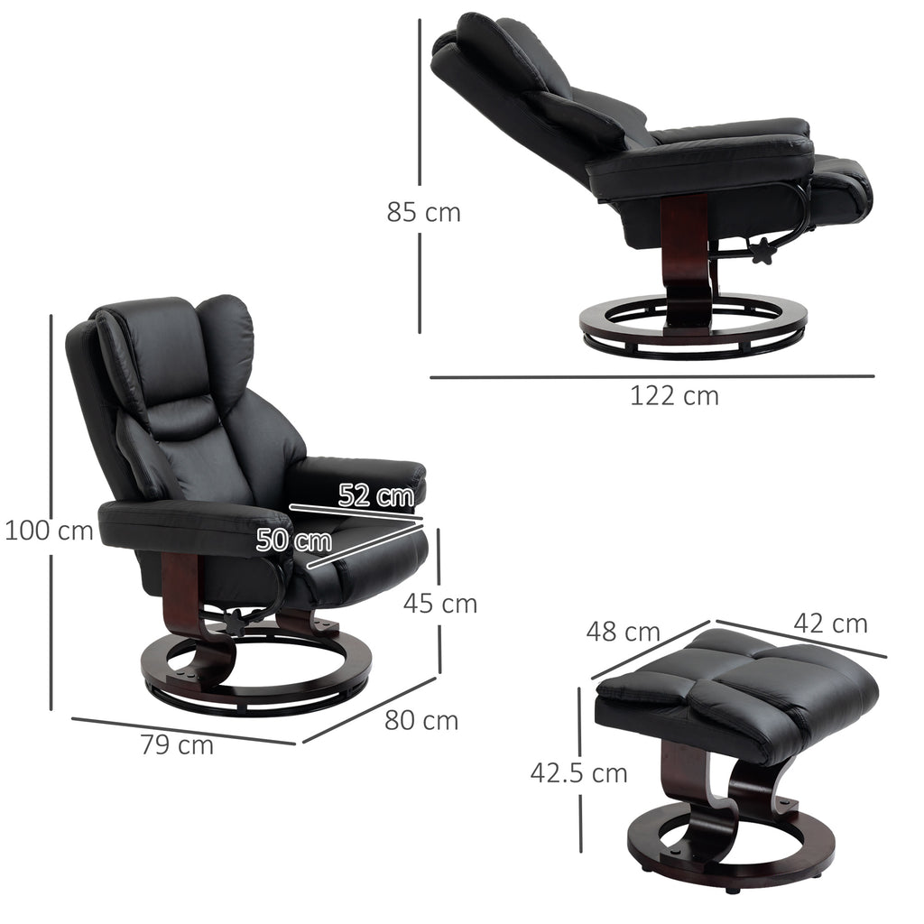 HOMCOM 360° Swivel Recliner Chair with Footstool, PU Leather Manual Recliner Armchair with Footstool, Solid Wood Base, Upholstered Reclining Chair for Living Room, Bedroom, Office, Black