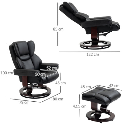 360° Swivel Recliner Chair with Footstool, PU Leather Manual Recliner Armchair with Footstool, Solid Wood Base, Upholstered Reclining Chair for Living Room, Bedroom, Office, Black