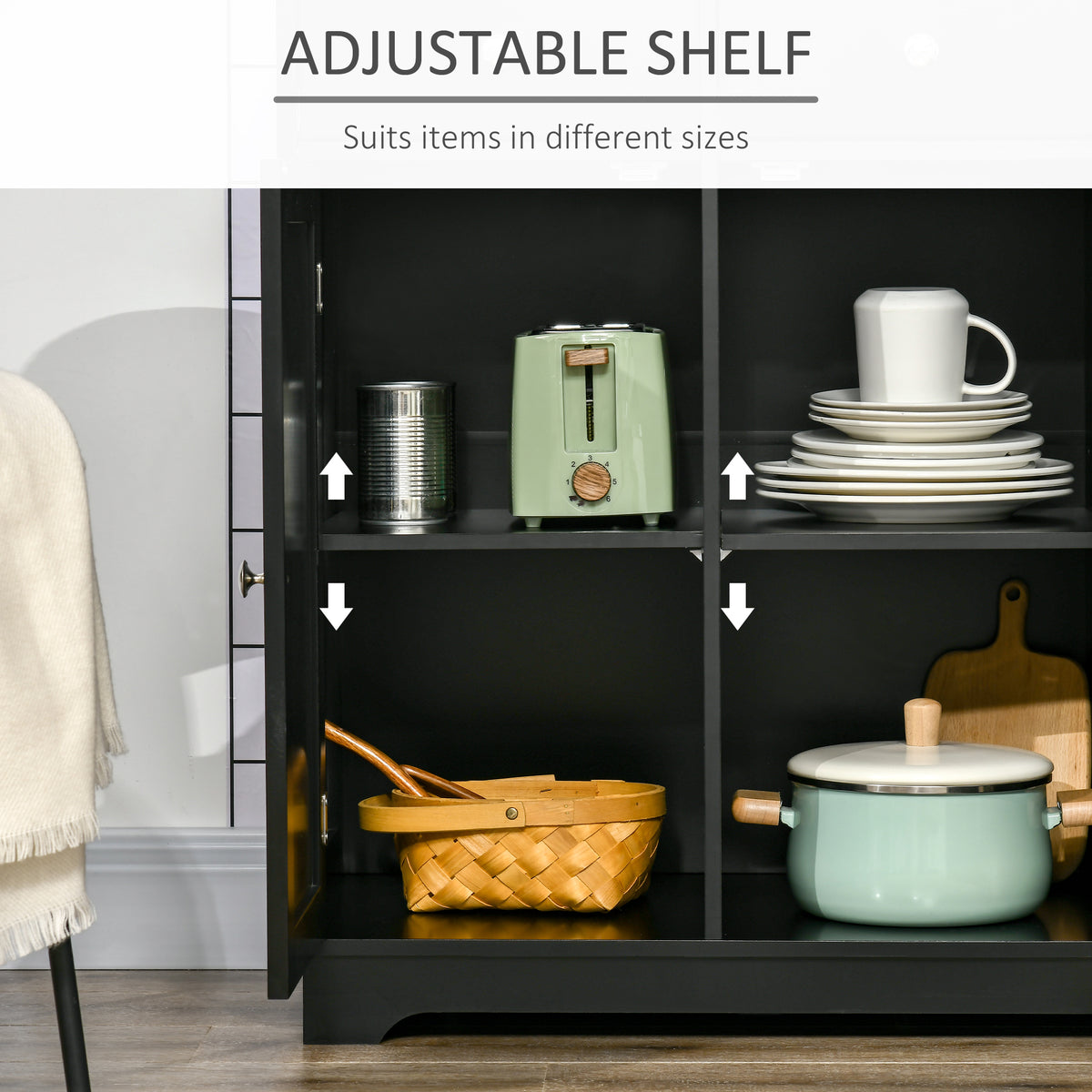 Sideboard with Rubberwood Top and Adjustable Shelves for Dining Room, Kitchen - Black
