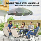 Outsunny 8 Piece Garden Dining Set with Umbrella Garden Furniture Set with 6 Folding Chairs, Tempered Glass Table for Patio Cream