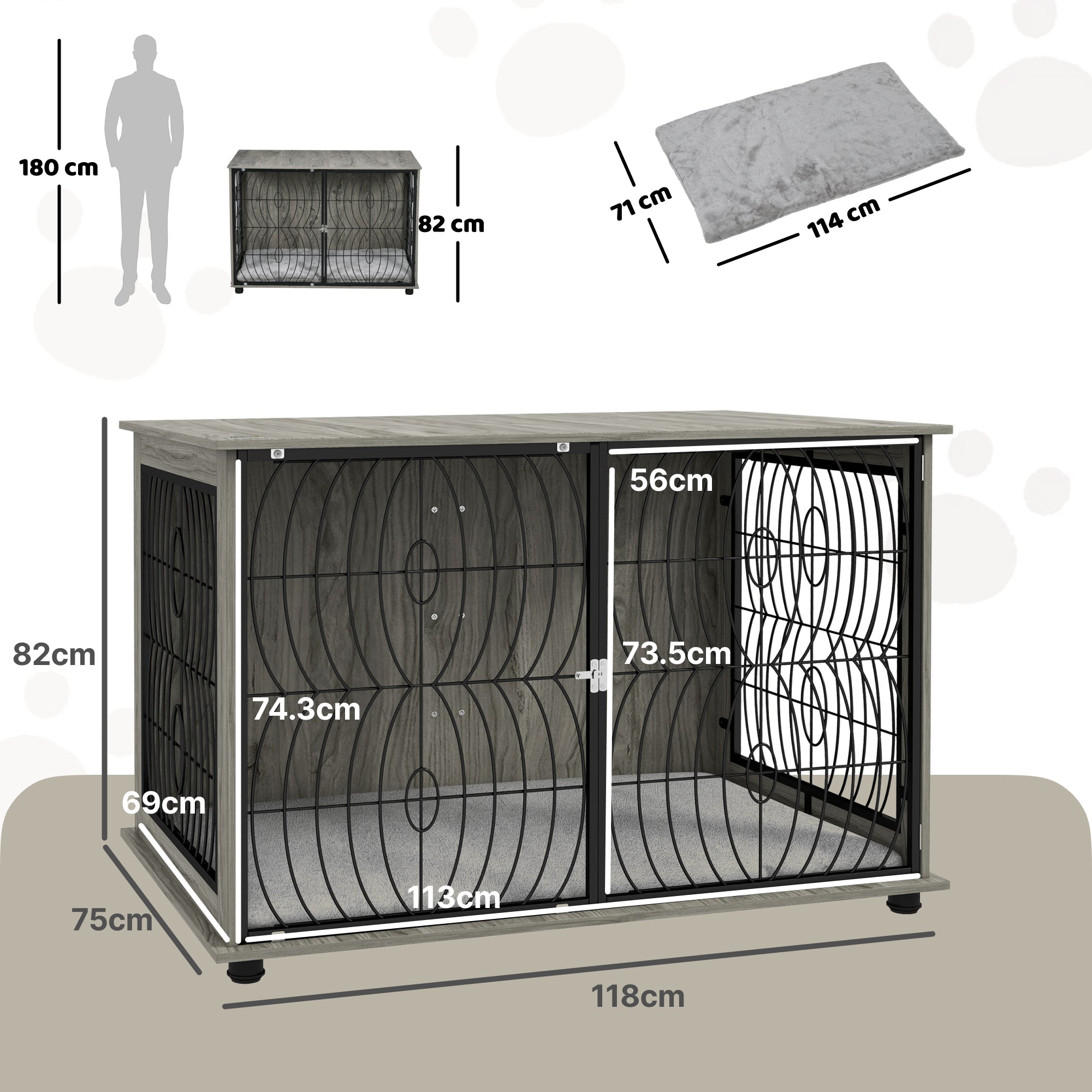 PawHut 46.46'' Dog Crate Furniture End Table w/ Plush Washable Cushion, Lockable Door, for Extra Large Dogs