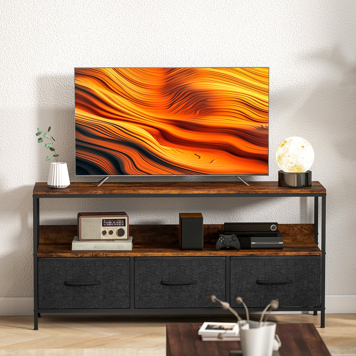 TV Stand Cabinet with 3 Foldable Drawers - Rustic Brown