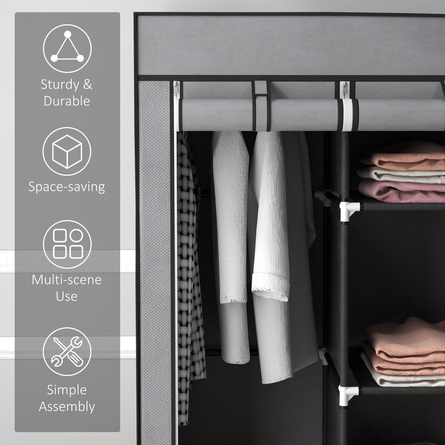 Foldable Fabric Wardrobe for Bedroom, Portable Wardrobe with 5 Shelves, 2 Hanging Rails and 3 Fabric Drawers, Dark Grey