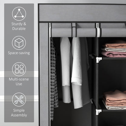 Foldable Fabric Wardrobe for Bedroom, Portable Wardrobe with 5 Shelves, 2 Hanging Rails and 3 Fabric Drawers, Dark Grey