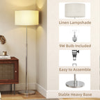 Floor Lamp with Remote, Height Adjustable Standing Lamp with Linen Shade, Dimmable with 3000K-6000K Adjustable Colour Temperatures, Foot Switch for Living Room Bedroom Office, Silver Tone