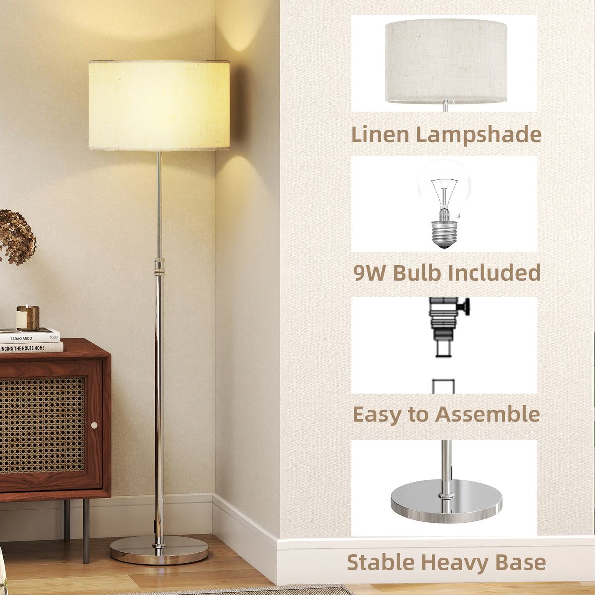 Floor Lamp with Remote, Height Adjustable Standing Lamp with Linen Shade, Dimmable with 3000K-6000K Adjustable Colour Temperatures, Foot Switch for Living Room Bedroom Office, Silver Tone