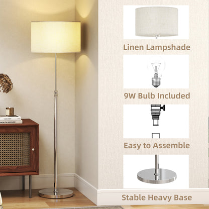 Floor Lamp with Remote, Height Adjustable Standing Lamp with Linen Shade, Dimmable with 3000K-6000K Adjustable Colour Temperatures, Foot Switch for Living Room Bedroom Office, Silver Tone