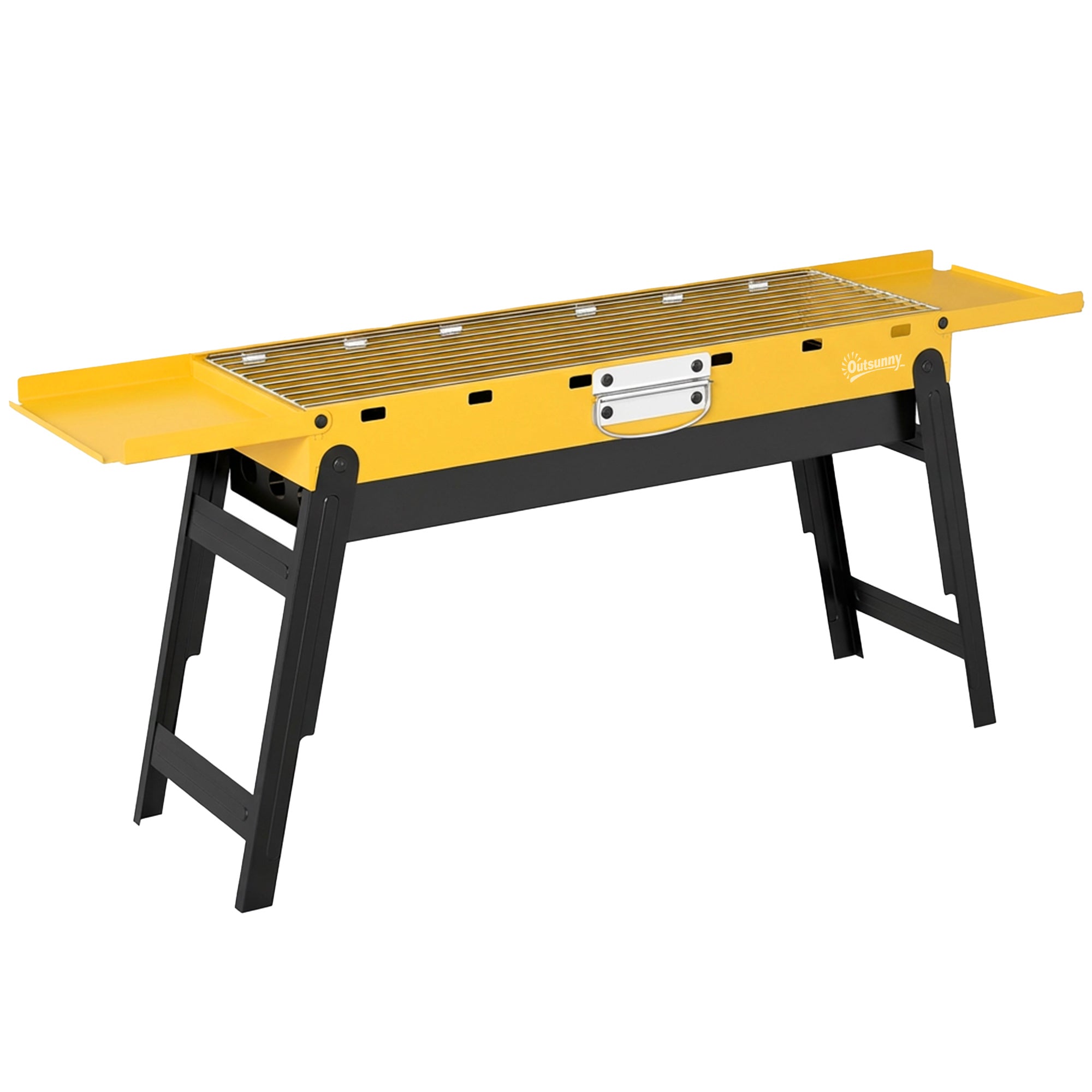 Outsunny Portable BBQ Grill, Foldable Charcoal Grill for Camping and Picnics with 2 Side Shelves and Handle, Yellow