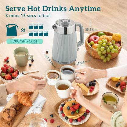 Electric Stainless Steel Kettle and Toaster Set, 3000W 1.7L UK Strix Thermostat Fast Boil Kettle w/ Limescale Filter, Cool Touch Body, 4 Slice Toaster with 7 Browning Levels, Taupe