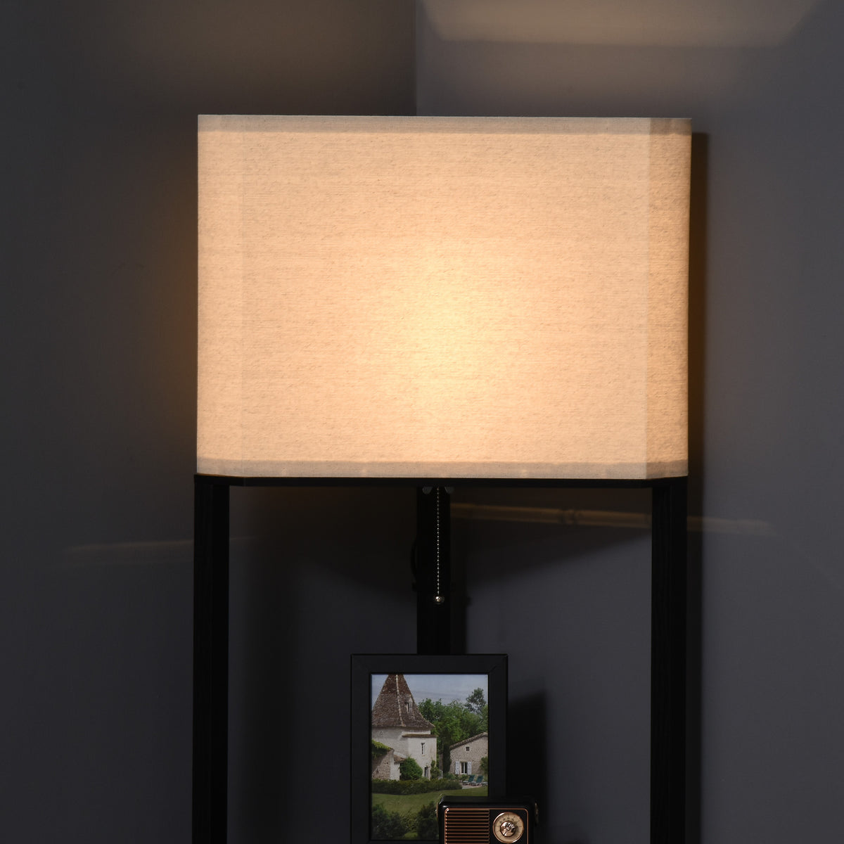 Corner Floor Lamp with Shelves, Tall Standing Lamps for Living Room, with Pull Chain Switch Bulb not Included, Black