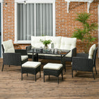 Outsunny 5 Seater Rattan Garden Furniture Set, 6 Piece Garden Sofa Set, Armchairs, 3-Seater Sofa, Footstools, Glass Dining Table, Cushions, Wicker Outdoor Furniture for Conservatory Patio, Cream
