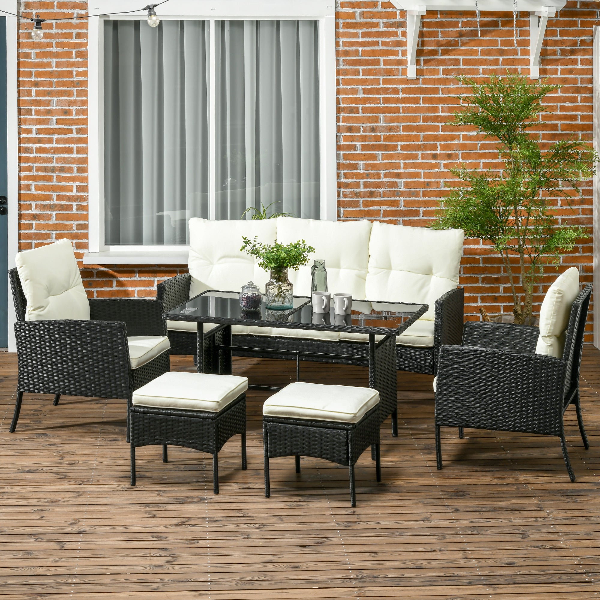 Outsunny 5 Seater Rattan Garden Furniture Set, 6 Piece Garden Sofa Set, Armchairs, 3-Seater Sofa, Footstools, Glass Dining Table, Cushions, Wicker Outdoor Furniture for Conservatory Patio, Cream