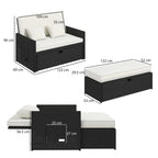 Outsunny Rattan Garden Daybed, Double Sun Lounger with 5-Level Adjustable Back, Storage Ottoman, Cream White