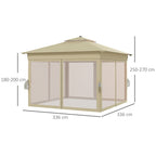 Outsunny 3.36 x 3.36m Pop Up Gazebo Party Tent with Solar-Powered LED Lights, Adjustable Event Shelter with Netting, Khaki