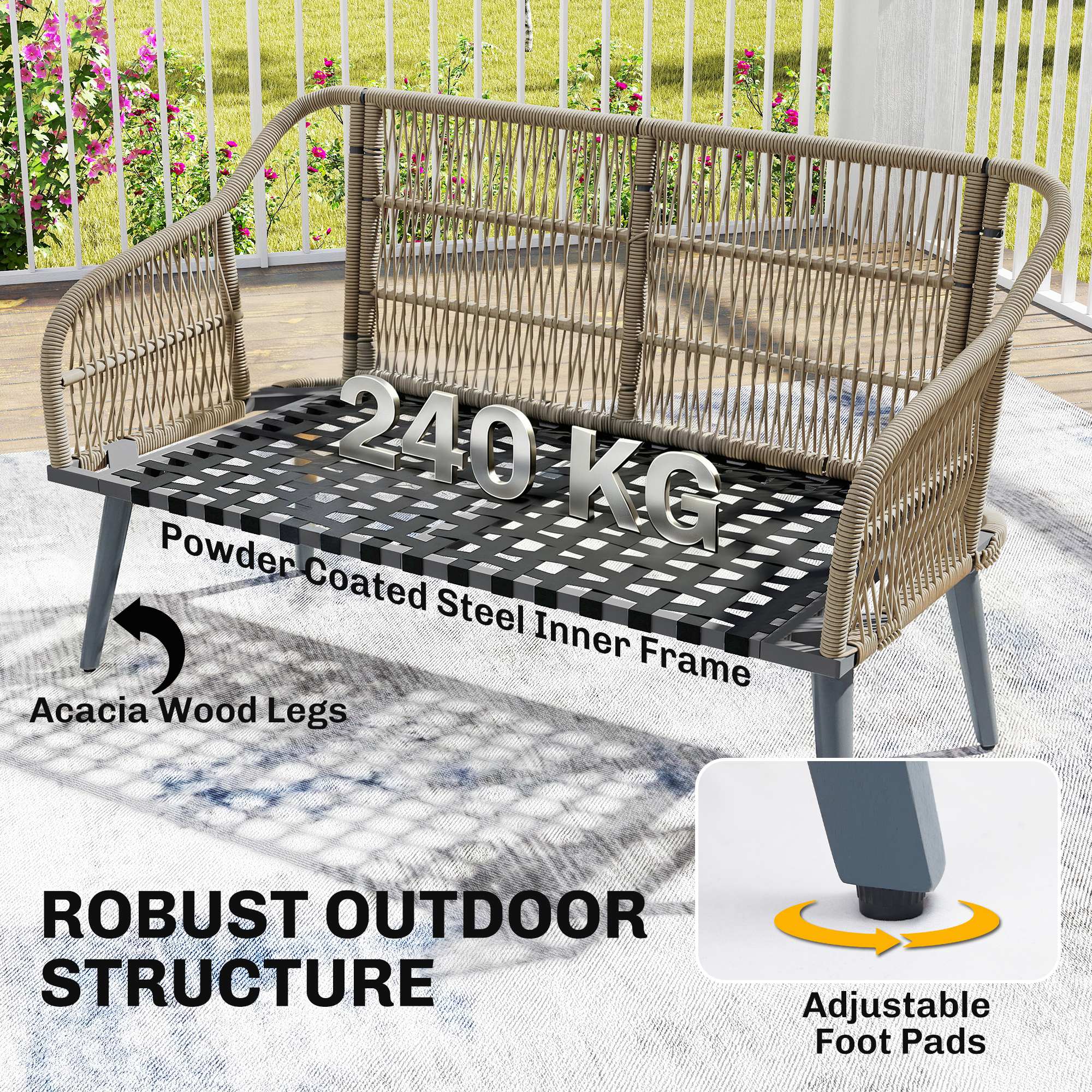 Outsunny 4 Piece Rattan Garden Furniture Set with Loveseat, Armchairs, Wood Table, Wicker Patio Conversation Set, Grey